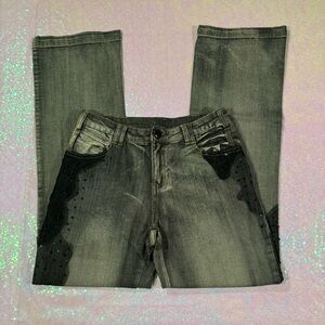 gray and black lace embellished bootcut jeans